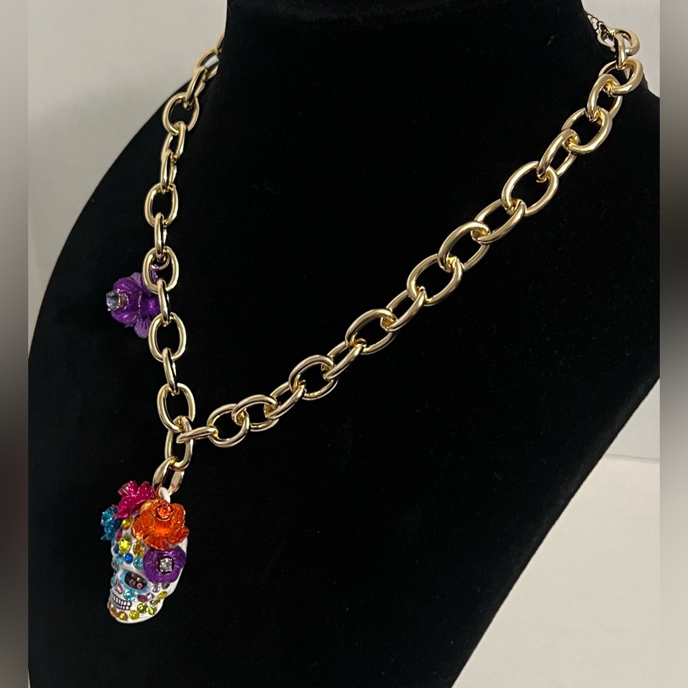 Betsey Johnson Gold Skull Pendant Necklace with Multicolor Accents - Picture 10 of 16